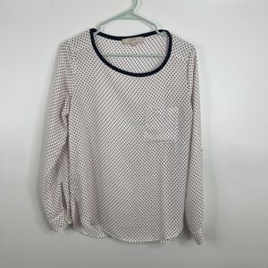 LOFT Ann Taylor Womens‎ Blouse Size S Polka Dot Red Navy Blue Long Sleeve Pocket